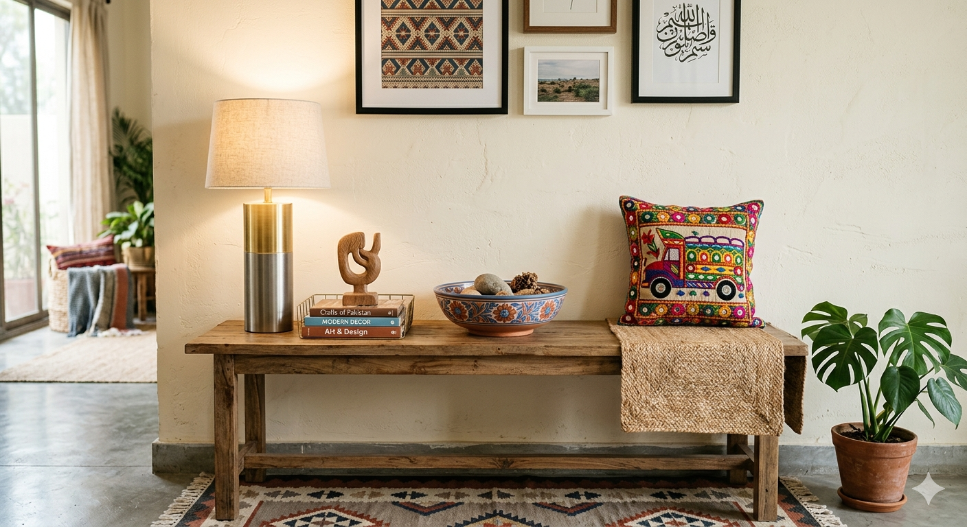 Saaz collection of Pakistani handicrafts: Truck art cushion, hand-painted blue ceramic bowl, and modern Islamic calligraphy.