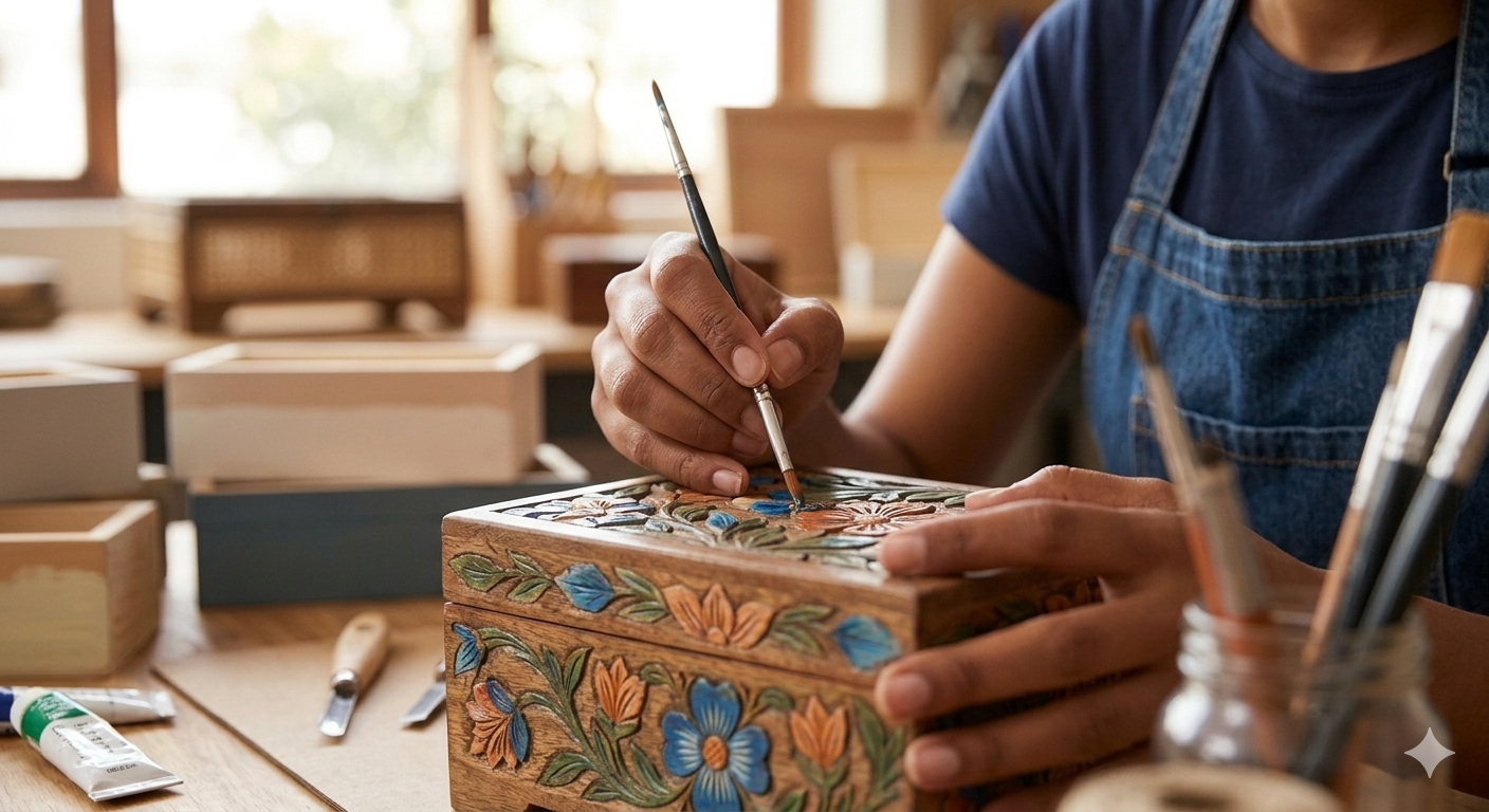 The making of Saaz handicrafts: A close-up of a craftsman meticulously adding blue and orange details to a carved wooden box.