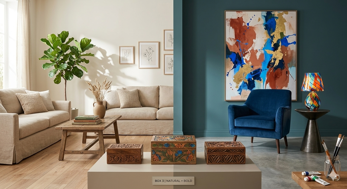 Saaz handcrafted wooden jewelry boxes on a display pedestal, styled between a cozy neutral living room and a modern bold interior with an abstract blue painting.