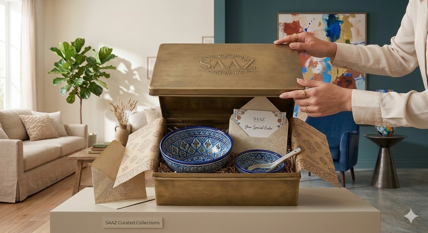 Luxury Pakistani handicraft gift set with hand-painted ceramic bowls and custom Saaz packaging.